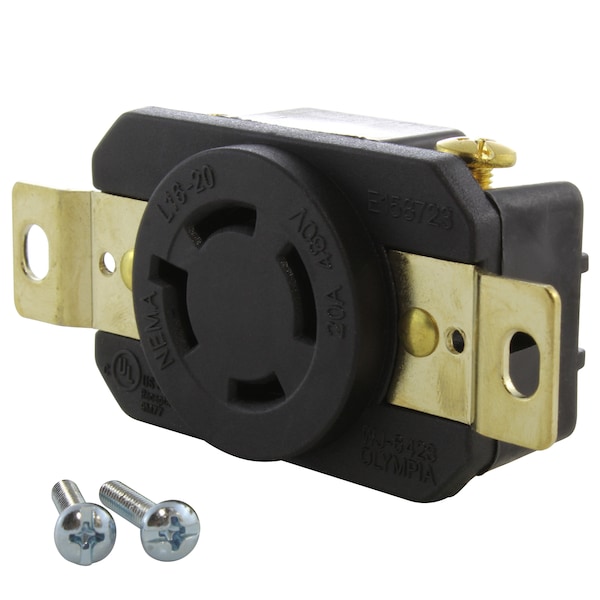 Locking Receptacle, L16-20R, 20 A, 480V AC, Three Phase, 3 Pole, Flush Mount, Black